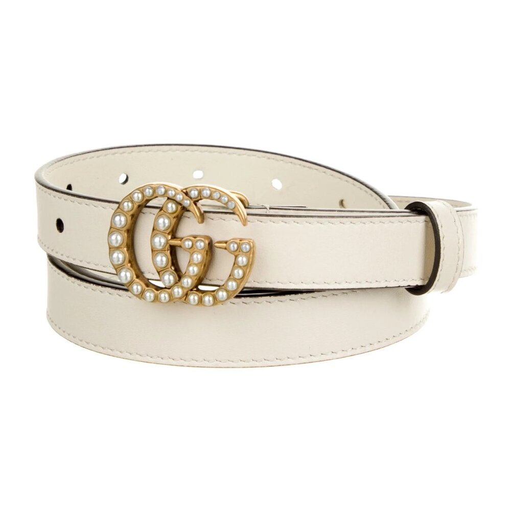Gucci GG Marmont White Leather Thin Belt w Pearl Buckle Size 95, Orig $700